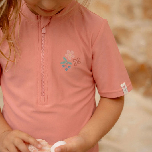 T-shirt Praia Manga Curta - Sunny Flowers Rouge | Little Dutch