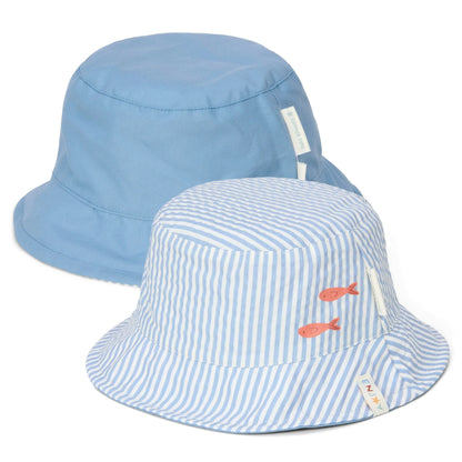 Chapéu de Praia Reversível - Stripes Ocean Blue | Little Dutch